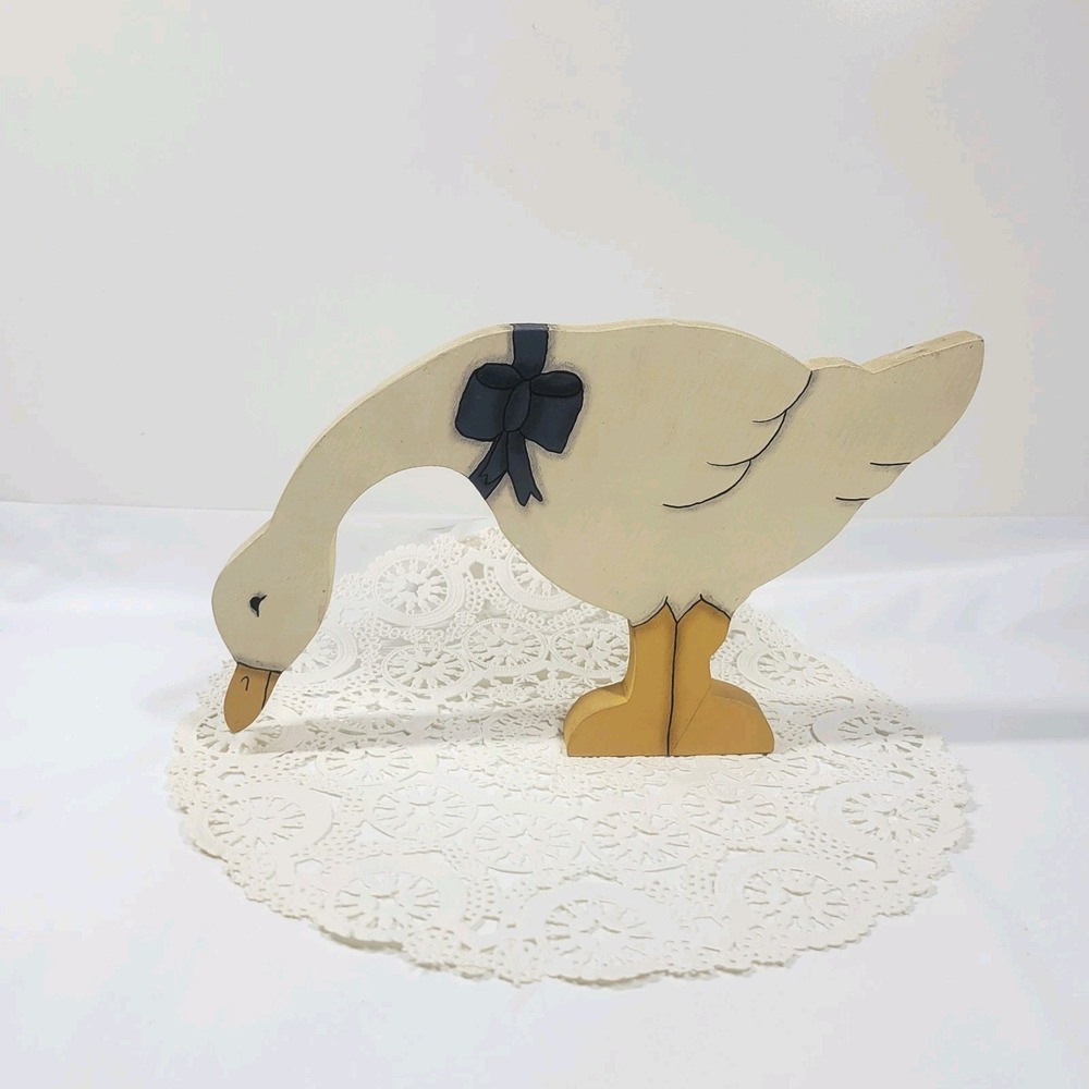 Wood Hand Painted Goose Duck Figure Country Blue Ribbon Bow Folk Art
